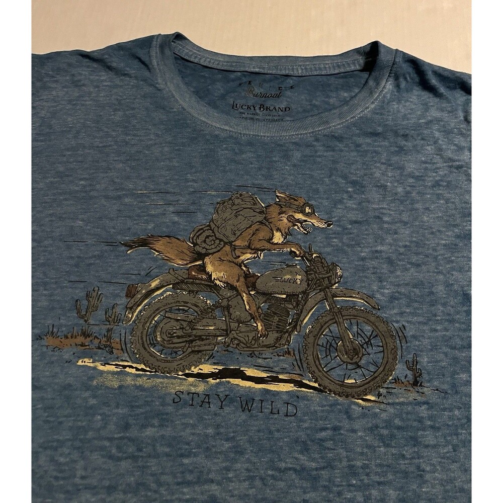 Lucky Brand Venice Burnout Fox Motorcycle Stay Wild Soft T-Shirt LARGE Blue